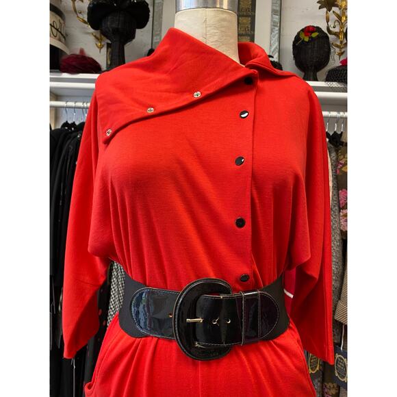 vintage 1980s red jersey jumpsuit by fantaseas medium snap front avant garde 80s - Picture 2 of 10